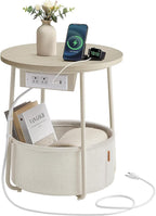 VASAGLE LILEA Collection - Side Table with Charging Station, Round End Table with Fabric Basket, Nightstand with USB Ports, for Living Room, Bedroom, Modern, Cream White ULET228N01