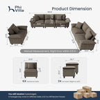 PHI VILLA Cloud Modular Couches Sets, 3 Pieces Large Sectional Sofa Set with Loveseats & Single Sofa, 6-Seater Upholstered Couch for Living Room, Chenille Fabric, Smoky Grey