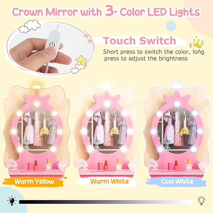 Costzon Kids Vanity, Girls Vanity Set with Mirror and Stool and Lights, Drawer, 2 in 1 Wooden Makeup Vanity Desk Dressing Table, Kids Vanity Table and Chair Set (Pink)