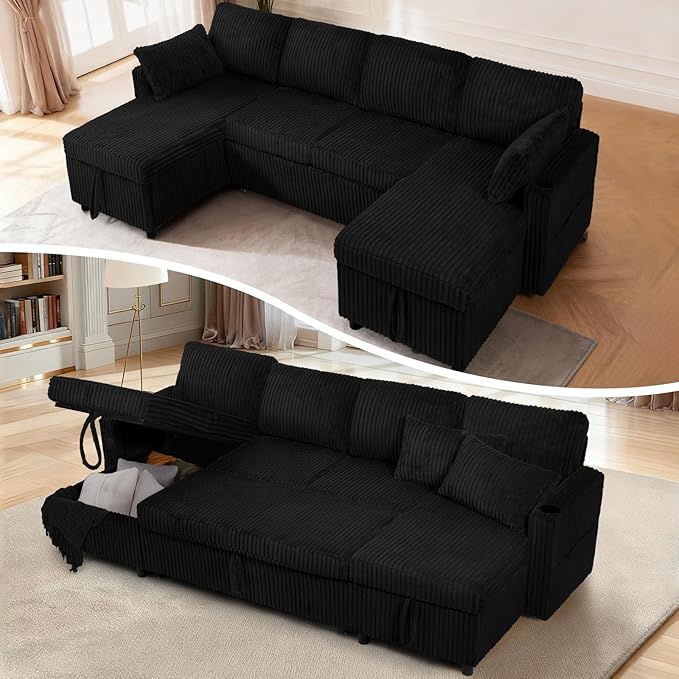 110" Corduroy Pull Out Sofa Bed w/Adjustable Backrests, Sectional U-Shape Sleeper Sofa w/Storage Chaise, Convertible Couch Bed w/USB Charging Port & Cup Holders for Living Room, House, Black
