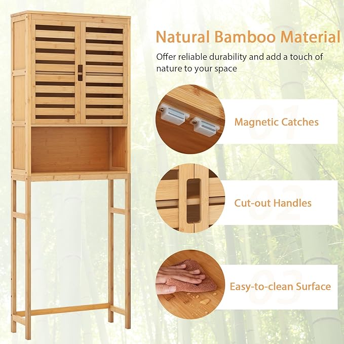 Tangkula Over The Toilet Storage Cabinet, Bamboo Bathroom Space Saver with 2 Doors, Adjustable Bottom Bar, Open Shelf, Freestanding Bathroom Cabinet Organizer Above Toilet for Restroom, Laundry Room