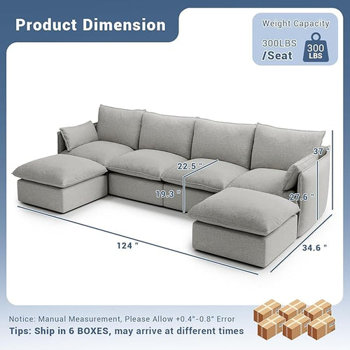 124" Cloud Modular Sectional Sofa, Waterproof Down Filled Sectional Couch, High Backrest U Shaped 4 Seater Couch with 2 Ottomans, Modern Modular Sofas with Removable Cover, Light Gray