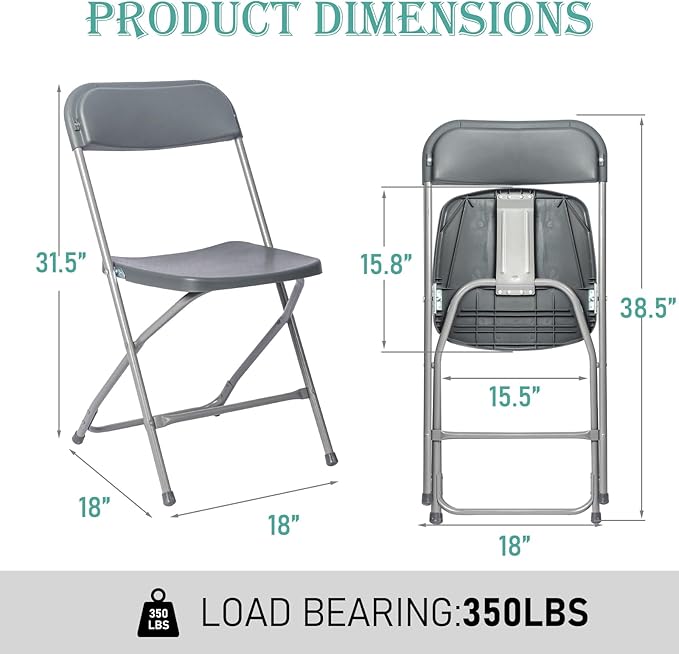 70 Pack Plastic Grey Folding Chairs,Portable Party Chairs Stackable Commercial Seats with Steel Frame for Office Home Outdoor Indoor Wedding Party Patio Dinning Events,350lbs Capacity