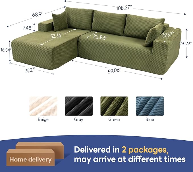 2025 New 108" Cloud Couch Sectional, Modular Sectional Sofa with L-Shaped Chaise, Deep Seat Sectional Modular Couch for Living Room, No Assembly Required (Green, Left Facing Chaise)