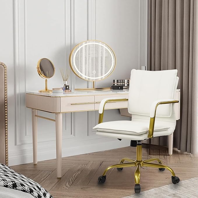 CLATINA Leather Home Office Desk Chair, Swivel Mid-Back Computer Chair with Golden Legs and Arms, Comfy Upholstered Task Chair with Wheels, White