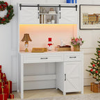 Vabches Farmhouse 47" Executive Desk, Computer Desk with 2 Drawers and Storage Cabinet, Home Office Desk with Hutch, Charging Hub, Workspace for Work and Study,(Cream White)