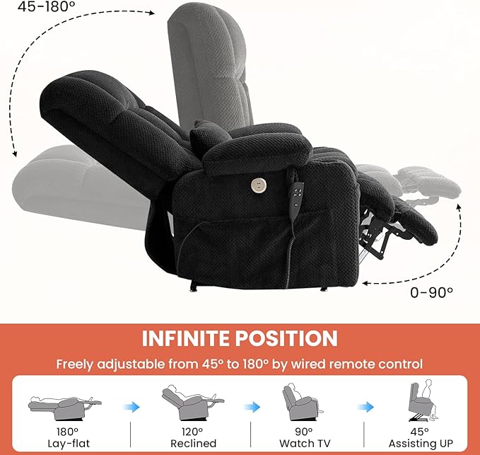 Power Lift Recliner Chair for Adults Oversized Infinite Position Lift Chair for Elderly W/Massage & Heat, Lay Flat Recliner Chair, One-Touch Reset, Cup Holders, Lumbar Pillow, Fabric (Premium, Grey)