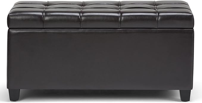 SIMPLIHOME Sienna 33 inch Wide Transitional Rectangle Storage Ottoman Bench in Tanners Brown Vegan Faux Leather, Assembled, For the Living Room, Entryway and Family Room