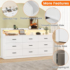Bigbiglife 9 Drawer Dresser with Built in Power Outlet and LED Light, Modern Chest of Drawers for Bedroom, Triple Wide Drawer Organizer Cabinet for Living Room, Entryway, Hallway, Antique White