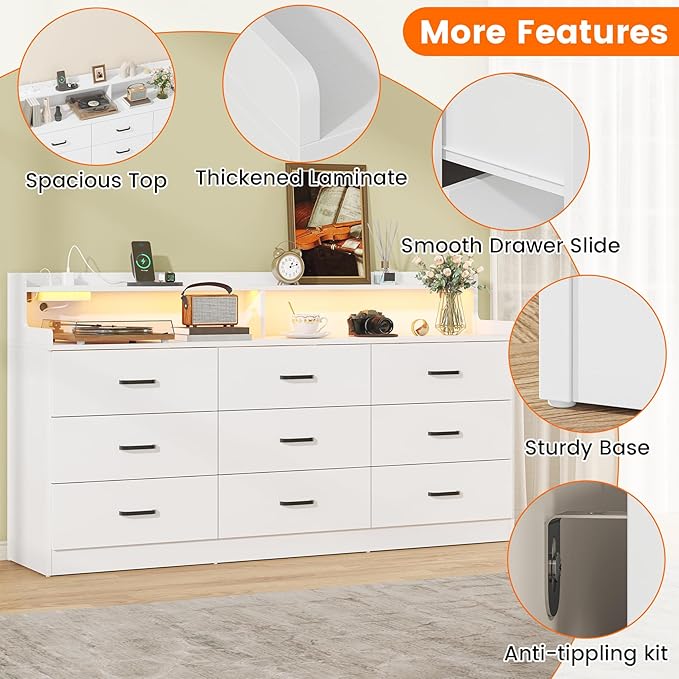 Bigbiglife 9 Drawer Dresser with Built in Power Outlet and LED Light, Modern Chest of Drawers for Bedroom, Triple Wide Drawer Organizer Cabinet for Living Room, Entryway, Hallway, Antique White