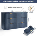 LEYAOYAO Fluted 6 Drawers Dresser Set of 2, 48" Wide Modern Chest of Drawers with Woodgrain Top, Curved Profile Design, Dresser TV Stand, Wood Drawer Organizer for Bedroom, Living Room, Hallway,Blue