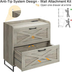 File Cabinet 2 Drawers, Lateral File Cabinet with Charging Station for Letter/Legal/A4 Size Hanging Files, Large Wood File Storage Cabinets Printer Stand for Home Office, Washed Gray