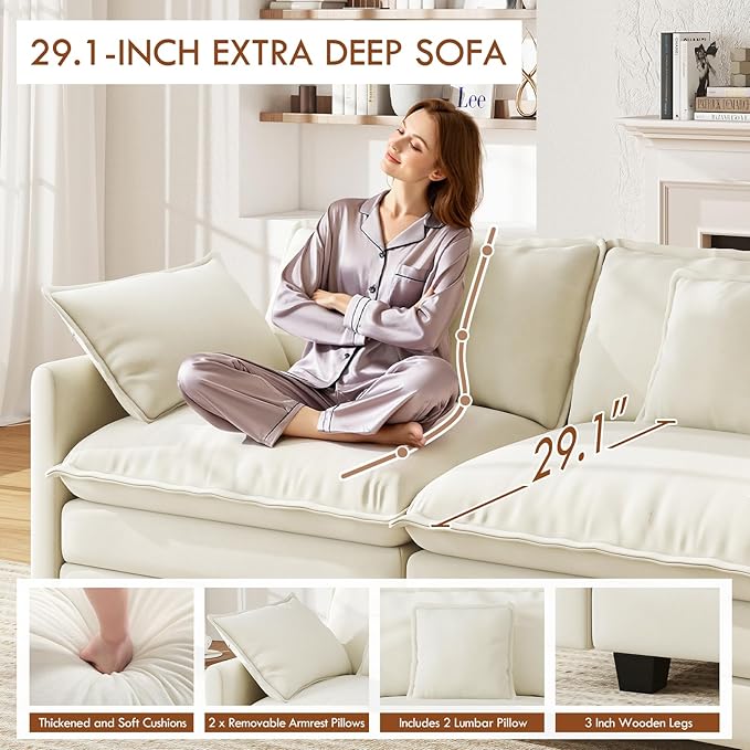 WorthFurni 77 Inch L Shape Cloud Sofa Modular Sectional Couch with Ottoman, Comfy Chenille Deep Seat Loveseat with Pillow for Living Room Bedroom Apartment （Beige）