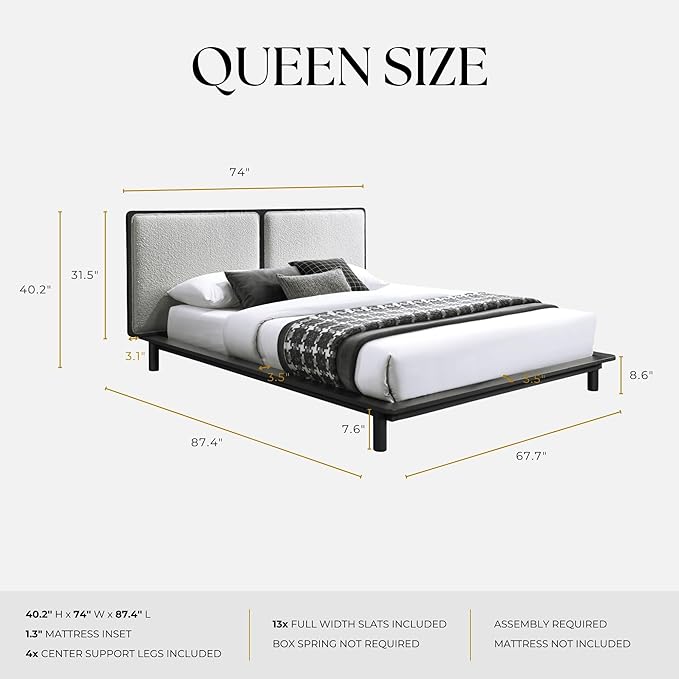 Nord Queen Size Wood Platform Bed | Box Spring Not Required | Black Frame and Cream Beige Boucle