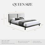 Nord Queen Size Wood Platform Bed | Box Spring Not Required | Black Frame and Cream Beige Boucle
