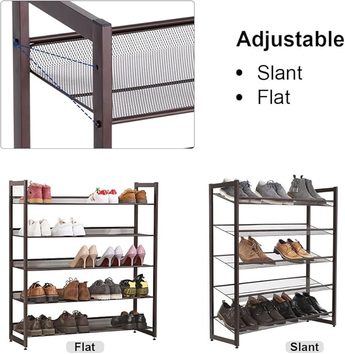 SONGMICS Shoe Rack, 5-Tier Shoe Organizer, Metal Shoe Storage for Garage, Stackable Shoe Shelf, with Adjustable Flat or Angled Shelves, 20-25 Pairs, Bronze ULMR05A