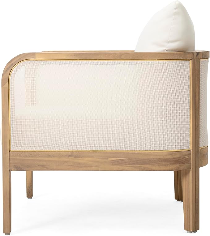 Christopher Knight Home Linksy Outdoor Club Chair, Patio Arm Chair, Modern Single Sofa Chair, Acacia Wood Frame, Club Chair with Cushions, Deep Seating for Porch, Garden, Backyard, Balcony, Beige
