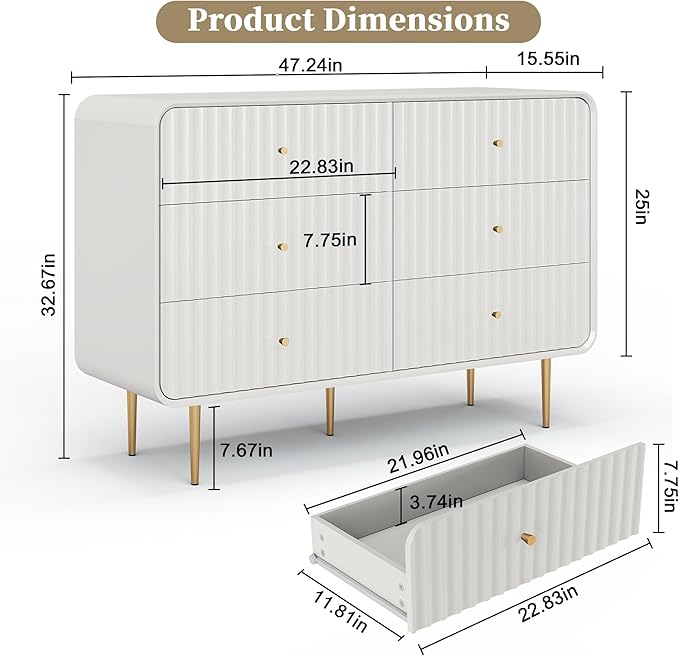HLR White Dresser for Bedroom,48'' Wide Wood Chests of Drawers,Modern Fluted 6 Drawer Dresser with Gold Metal Handles,Clothes Deep Drawer Dressers Storage for Living Room,Hallway