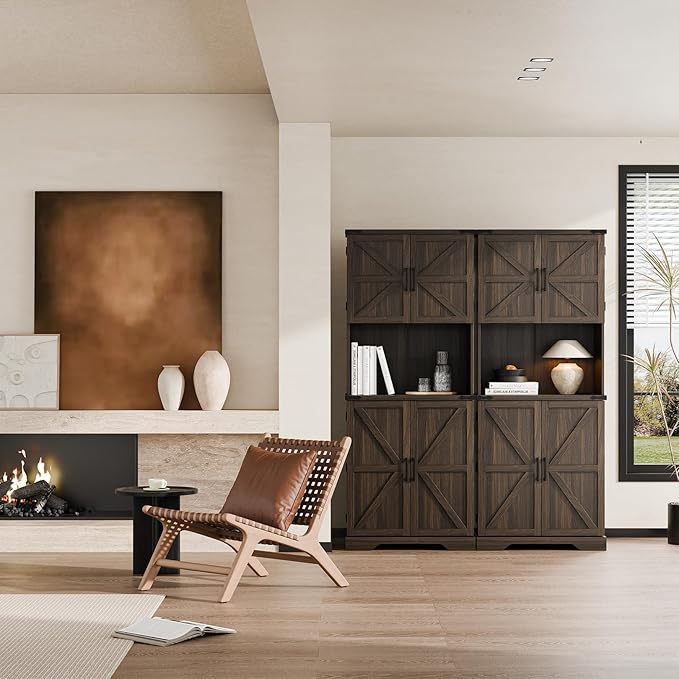 Cozy Castle 74" Farmhouse Pantry Cabinet with Charging Station, Tall Kitchen Storage Hutch Cabinet Coffee Bar Workstation, Sideboard Buffet Cupboard for Dining Room Living Room Furniture, Dark Brown
