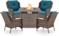 Outdoor Patio Chairs with Fire Pit Table 5 Piece Set - High Back Brown Wicker Rattan Lawn Chair with Thick Cushion for Porch Apartment Deck Yard Poolside Garden - Peacock Blue