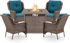 Outdoor Patio Chairs with Fire Pit Table 5 Piece Set - High Back Brown Wicker Rattan Lawn Chair with Thick Cushion for Porch Apartment Deck Yard Poolside Garden - Peacock Blue