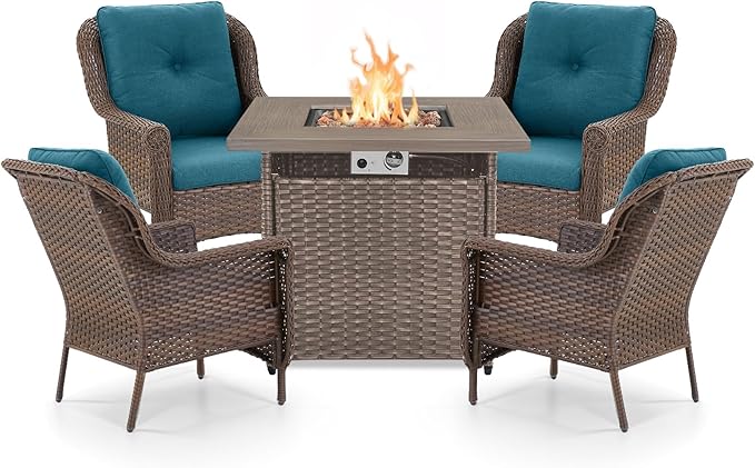 Outdoor Patio Chairs with Fire Pit Table 5 Piece Set - High Back Brown Wicker Rattan Lawn Chair with Thick Cushion for Porch Apartment Deck Yard Poolside Garden - Peacock Blue