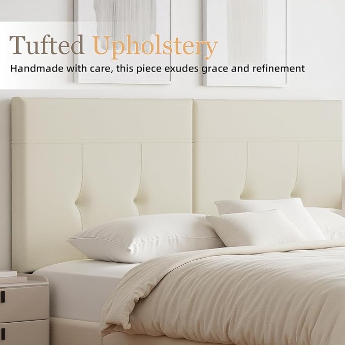 Headboard Queen Size Upholstered Faux Leather, Queen Headboard with Sturdy Metal Legs, Tufted Upholstery Design Headboards with Adjustable Width & Height (Ivory)