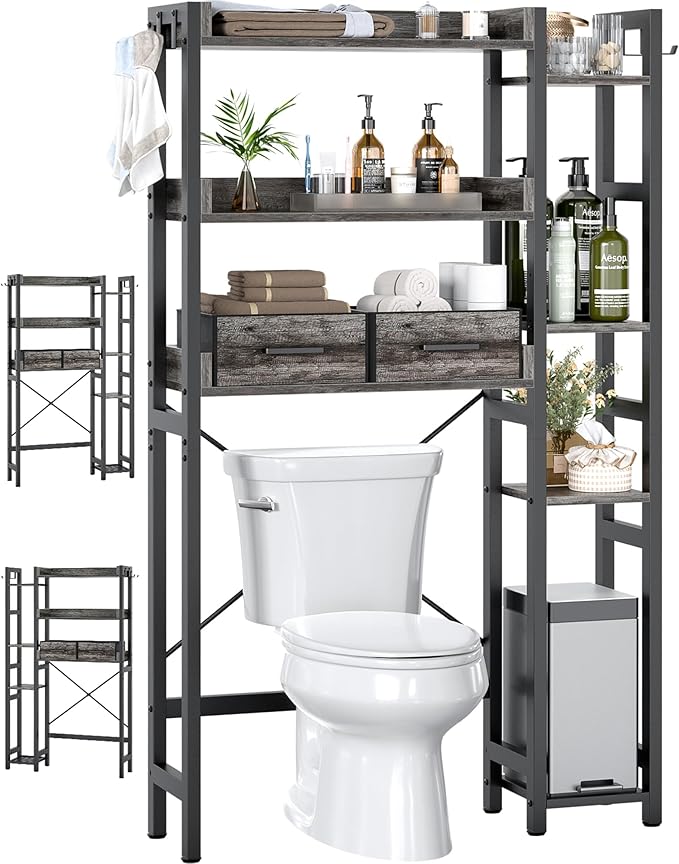 Over The Toilet Storage with 2 Drawers - 7 Tier Bathroom Organizer with Adjustable Shelf, Freestanding Space Saver Storage Rack Above Toilet Stand with 4 Hooks for Restroom, Laundry, Grey Oak