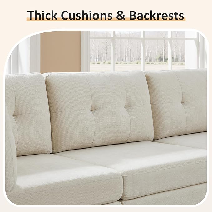 VANOMi 5 Seat Modular Sectional Sofa with Ottoman, Convertible Modular Cloud Sofa Bed, Comfy Chenille Sofas & Couches for Living Room, Apartment, Office, Beige, Sofa Bed