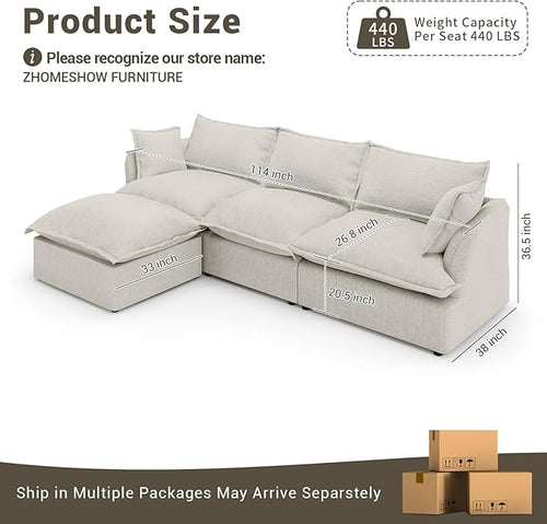 114” Oversized Modular Sectional Sofa, Comfy Down Fill Cloud Couch with Washable Cover, L Shaped 3 Seater Modular Couch with Ottoman, Convertible Sectional Couches for Living Room, Light Gray