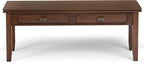 SIMPLIHOME Artisan Coffee Table - 46 inch Wide Solid Wood Transitional Cocktail Table in Russet Brown, Classic Living Room Table with 2 Drawers, Open Shelf, and Square Brushed Nickel Knobs