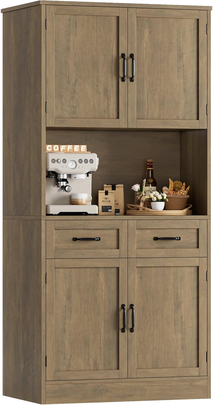 HOSTACK 71“ Tall Kitchen Pantry Storage Cabinet, Modern Kitchen Hutch Bar Cabinet with Microwave Stand, Wood Buffet Sideboard with Hutch, Cupboard with Drawers, Shelves for Dining Room, Rustic Brown