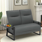 Faux Leather Loveseat Couch for Living Room Bedroom Office, Small Sofa 2 Seater Couch with Flip Up Tray Table Side Pockets Leather Loveseats, Gray