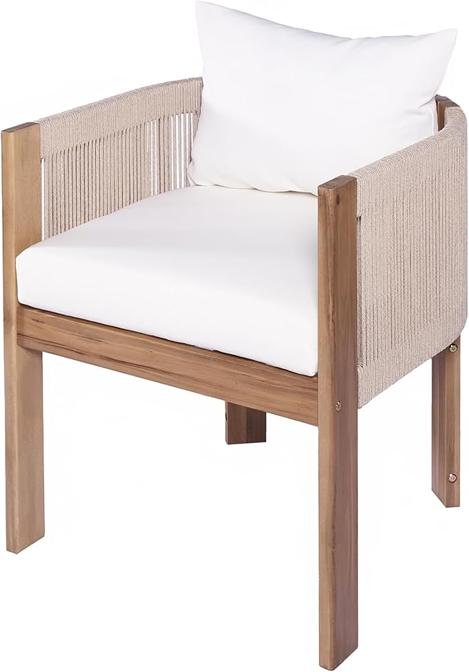 Christopher Knight Home Matera Dining Chair Set of 2, Acacia Wood Outdoor Accent Chair, Farmhouse Patio Kitchen Side Chair, Comfy Reading Chair, Round Backrest and Water Resistant Cushion,Teak+ Beige