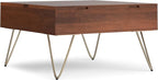 SIMPLIHOME Hunter Lift Top Coffee Table - 32 inch Wide Solid Mango Wood Industrial Square Cocktail Table in Umber Brown, Living Room Table with Dual Lift Tops, Hidden Storage and Gold Hairpin Legs