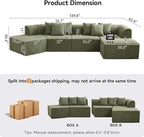 140''Oversized Cloud Velvet Curved Sectional Couch, Boneless Couch with L-Shape Chaise, Upholstered Compression Memory Foam Modular Sectional Sofa for Living Room, No Assembly Required, Green