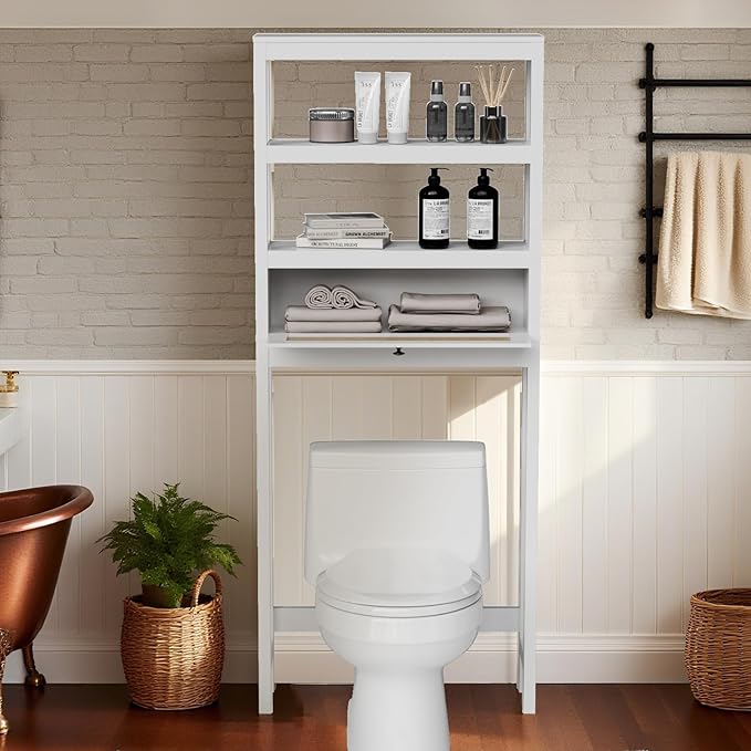 Over The Toilet Storage Cabinet, Behind Toilet Bathroom Organizer with Adjustable Shelves, Above Toilet Organizers with Rattan Door, Space Saver for Restroom, Bathroom, Laundry