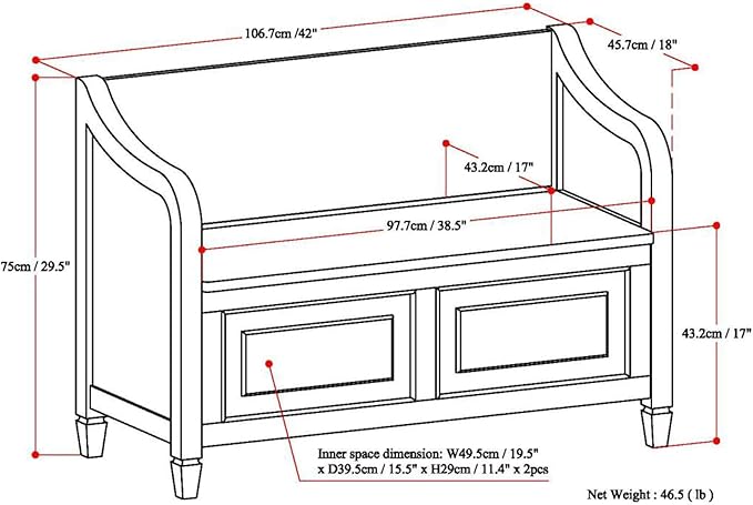 SIMPLIHOME Connaught Entryway Storage Bench - 42 inch Wide Solid Wood Storage Seat in Rustic Natural Aged Brown, Traditional Bench for Entryway or Mudroom with Lift-Up Lid and Elegant Moulding Detail