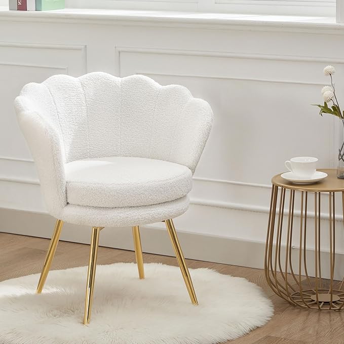 Teddy Vanity Chair with Back, Mid-Century Modern Small Accent Chair for Living Room, Golden Metal Legs Upholstered Boucle Makeup Chair, 1Pcs Bedroom Armchair, White