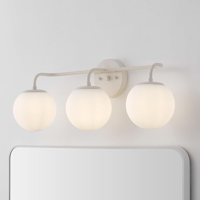 JONATHAN Y JYL3536C Louis Parisian Globe 25" 3-Light Metal/Frosted Glass Modern Contemporary LED Vanity Light Midcentury, Glam, Transitional, Bathroom, Powder Room, Dressing Room, Bedroom, Almond