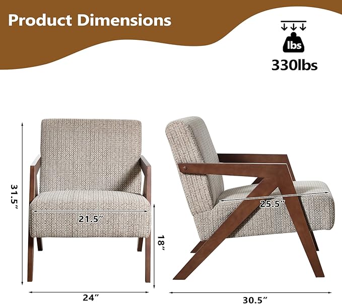 Bonzy Home Mid-Century Modern Accent Chair Set of 2 with Wood Frame, Upholstered Armchair for Bedroom & Living Room, Linen Fabric Cushion, Z-Shaped Armrest Design, Sturdy Lounge Chair,Brown