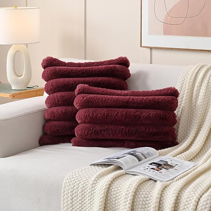 FUTEI Christmas Burgundy Decorative Throw Pillow Covers 16x16 Inch Set of 2, Square Soft Faux Rabbit Fur Thick Striped Cushion Cover,Winter Home Decor for Couch Bed Living Room