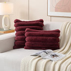 FUTEI Christmas Burgundy Decorative Throw Pillow Covers 20x20 Inch Set of 2, Square Soft Faux Rabbit Fur Thick Striped Cushion Cover,Winter Home Decor for Couch Bed Living Room