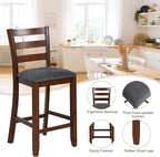 COSTWAY Set of 2 Counter Height Bar Stool, 25.5-Inch Upholstered Bar Stools with Solid Rubber Wood Frame, Foam-Padded Cushion, Footrest, Kitchen Chair for Bistro, Living Room, Grey and Brown