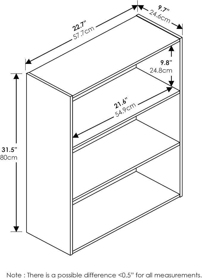 Furinno PASIR Book Shelf, 3-Tier Bookshelf, Storage Shelves Bookcase, 9.7 x 23.7 x 31.5, for Living Room, Bedroom, Home Office, Americano