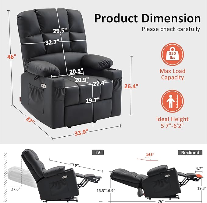 MCombo Large Dual Motor Power Lift Recliner Chair for Elderly, Massage and Heat, Lay Flat, Zero Gravity, Home Button, USB Port, Faux Leather 7680 (Black, Large)