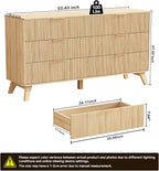 Fluted Dresser with 6 Drawers, 53.43 Inch Wood Double Dresser with Metal Handles Curved Design Wide Storage Organizer Cabinet Modern Chest Dressers for Bedroom Living Room Entryway(Oak)