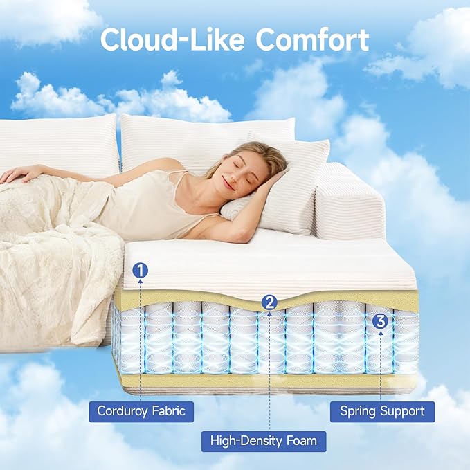 2025 New 108" Cloud Couch Sectional, Modular Sectional Sofa with L-Shaped Chaise, Deep Seat Sectional Modular Couch for Living Room, No Assembly Required (Beige, Right Facing Chaise)