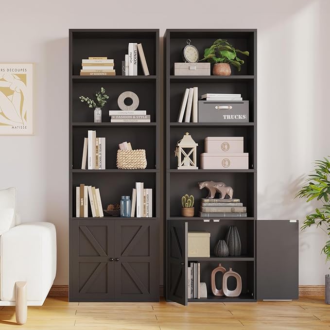 MXV 6-Tier Bookshelf and Bookcase Set of 2, Wooden Bookshelves with Cabinet Doors, Floor Bookshelves and Office Storage Cabinets for Home Office, Living Room (Black 2 Pack, 6-Tier)