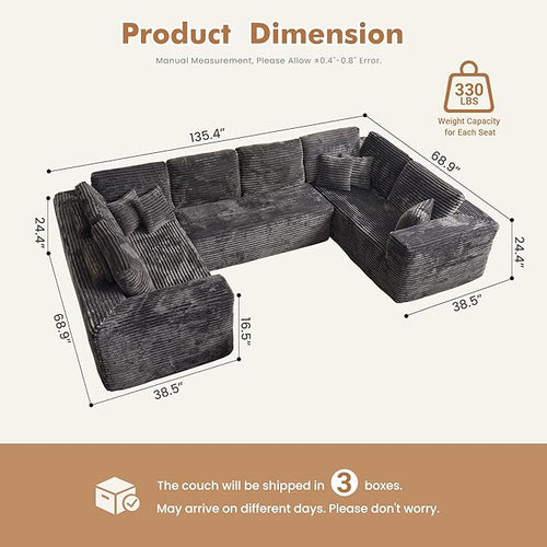135.4'' U Shaped Sectional Couches for Living Room, Large Boneless Cloud Couch, Modern Modular Sofa Deep Seat Plush Corduroy, No Assembly Required,Plush Corduroy,Gray
